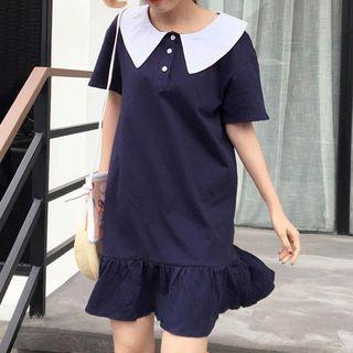 Contrast Collar Ruffle Hem Short-sleeve Dress