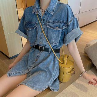 Set: Short-sleeve Denim Shirtdress + Belt