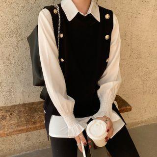 Plain Long-sleeve Shirt / Button Knit Vest