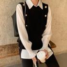 Plain Long-sleeve Shirt / Button Knit Vest