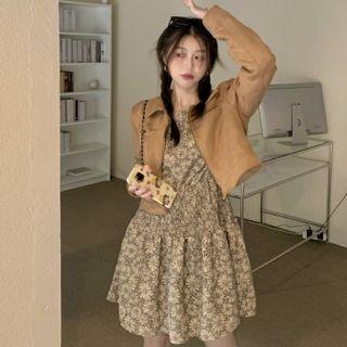 Long-sleeve Floral Print Mini A-line Dress / Cropped Zip-up Jacket