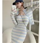 Spaghetti Strap Striped Knit Midi Sheath Dress / Cardigan