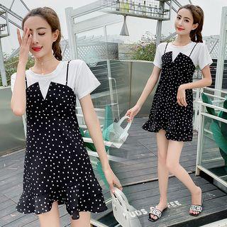 Set: Short-sleeve T-shirt + Spaghetti Strap Polka Dot Mini Dress