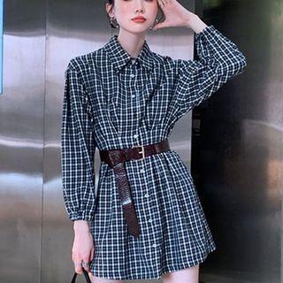 Plaid Mini A-line Shirtdress / Belt