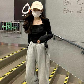 Long-sleeve Square Neck Drawstring T-shirt Black - One Size