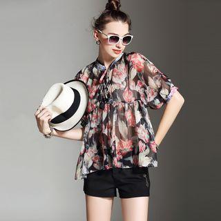 Short-sleeve Lace-up Printed Top