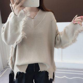 V-neck Frayed Sweater