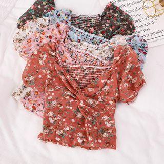 Short-sleeve Knotted Floral Chiffon Top