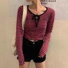 Long-sleeve Gingham Cropped T-shirt As Shown In Figure - One Size