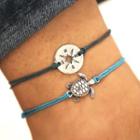 Compass / Turtle Alloy String Bracelet Af028 - Silver & Blue - One Size