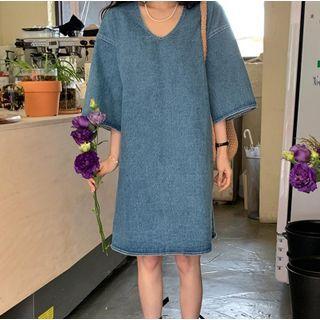 V-neck Oversized Bell-sleeve Denim Dress Blue - One Size