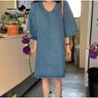 V-neck Oversized Bell-sleeve Denim Dress Blue - One Size