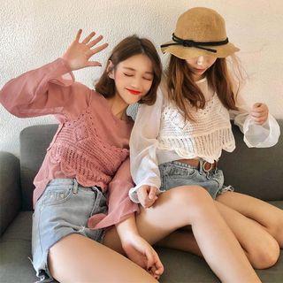 Set: Crew-neck Long-sleeve T-shirt + V-neck Knitted Camisole Top