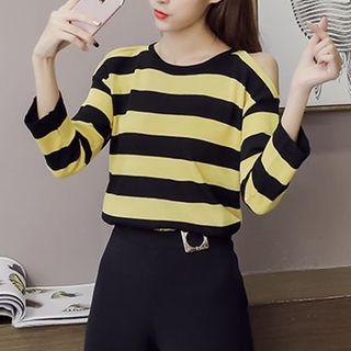 Cut Out Shoulder Striped 3/4 Sleeve Sweater