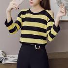 Cut Out Shoulder Striped 3/4 Sleeve Sweater
