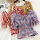 Square Neck Plaid Puff-sleeve Blouse