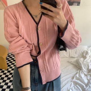 V-neck Contrast Trim Long-sleeve Cardigan