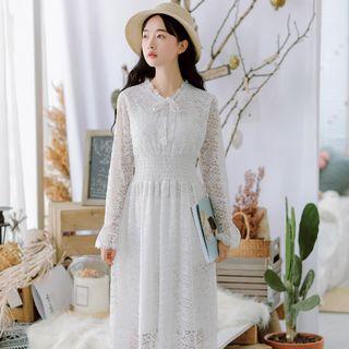 Long-sleeve Tie-neck Midi A-line Lace Dress