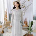 Long-sleeve Tie-neck Midi A-line Lace Dress