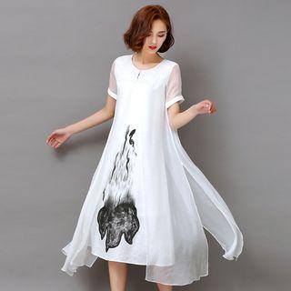 Short-sleeve Layered Silk Dress