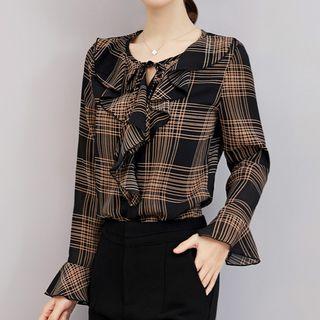 Ruffle Plaid Long-sleeve Chiffon Blouse