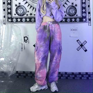 Drawstring Waist Tie-dyed Cargo Pants