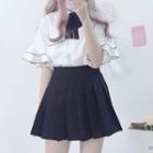 Short-sleeve Tie-neck Shirt / Mini A-line Skirt