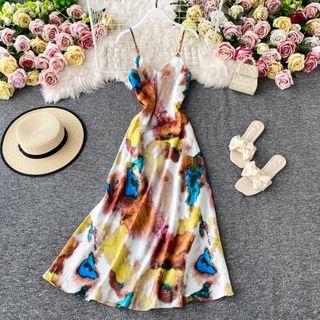 V-neck Printed Spaghetti-strap Midi Dress