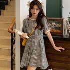 Puff-sleeve Gingham Tie-front A-line Dress