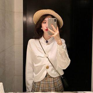 Plain Single-breasted Long-sleeve Blouse / High-waist Plaid Wide-leg Pants