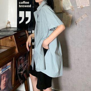 Short-sleeve Plain Asymmetrical Blouse