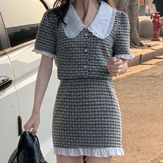 Short-sleeve Peter Pan-collar Button-up Tweed Cropped Blouse / Ruffle Hem Mini Pencil Skirt