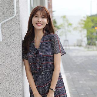 Tie-neck Frilled-hem Dotted Dress With Belt