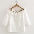 3/4-sleeve Flower Embroidered Blouse