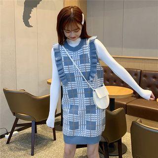 Mock Turtleneck Ribbed Knit Top / Sleeveless Plaid Pinafore Knit Dress