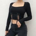 Long-sleeve Lace-up Front Cropped T-shirt