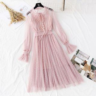 Tie-neck Mesh Midi Dress With Slipdress