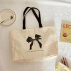 Ribbon Print Canvas Tote Bag White - One Size