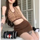 Sleeveless Leopard Cropped Halter Top / Knit Mini Skirt