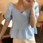Balloon-sleeve Gingham Blouse Blue - One Size