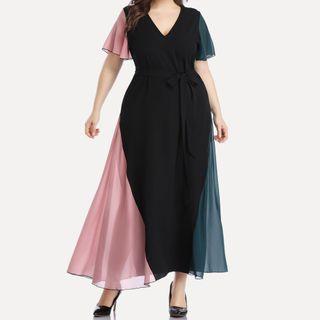 Color Panel Short-sleeve Maxi A-line Dress