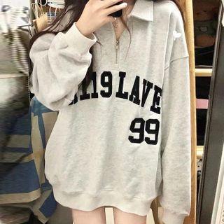 Number Embroidered Polo-neck Sweatshirt Light Gray - One Size