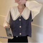 Long-sleeve Print Blouse / Button-up Sweater Vest