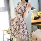Sweetheart-neckline Short-sleeve Floral Print A-line Mini Dress