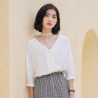 Plain 3/4-sleeve Shirt White - One Size