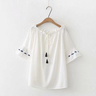 Lace-up Embroidered Short-sleeve Blouse