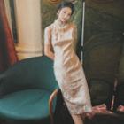 Short-sleeve Midi Lace Qipao Dress
