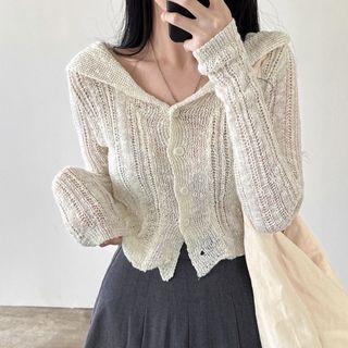 Sailor Collar Eyelet Knit Cardigan