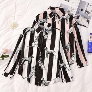 Long-sleeve Dog Printed Striped Shirt