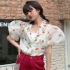 Set: Puff-sleeve Cherry Print Shirt + Plain Camisole Top White - One Size